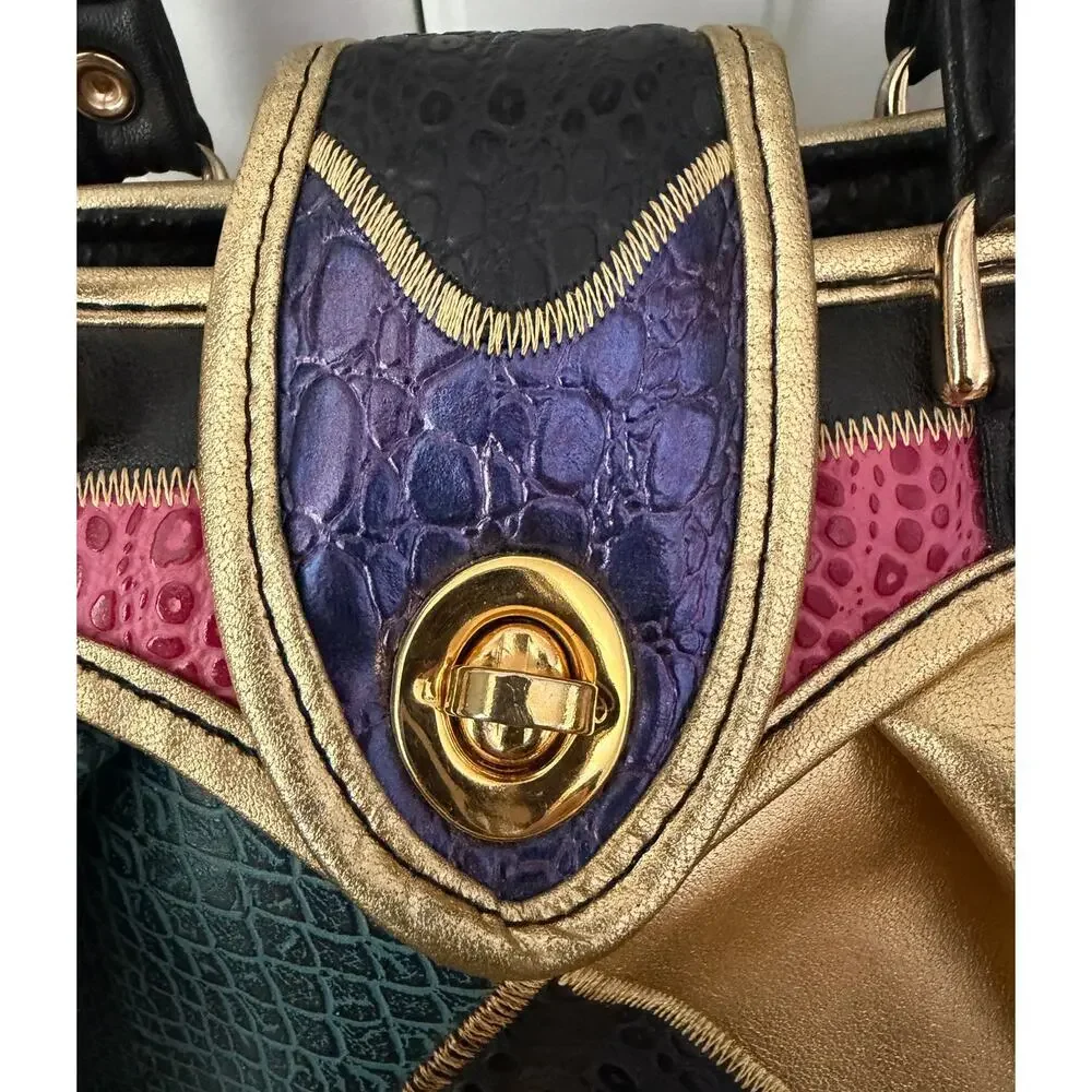 Vintage 80's NAS Bag Multicolor Faux Leather Patchwork Handbag Purse